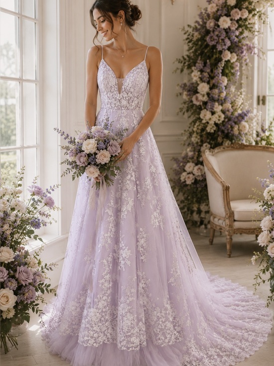 Dresses & Skirts - Lavender Lace A-Line Wedding Dress Size XS Floral Appliqué Tulle Bridal Gown